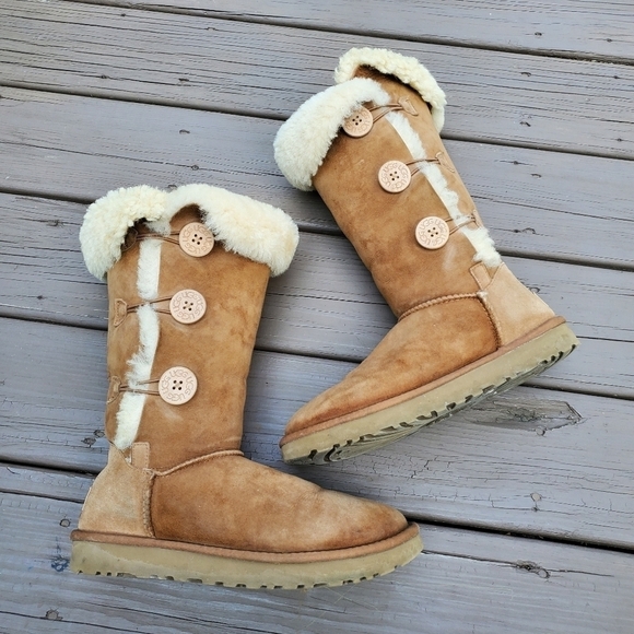 UGG Bailey Button Triplet Chestnut Suede Sheepskin Shearling Tall Fold Over Boot - Picture 3 of 10